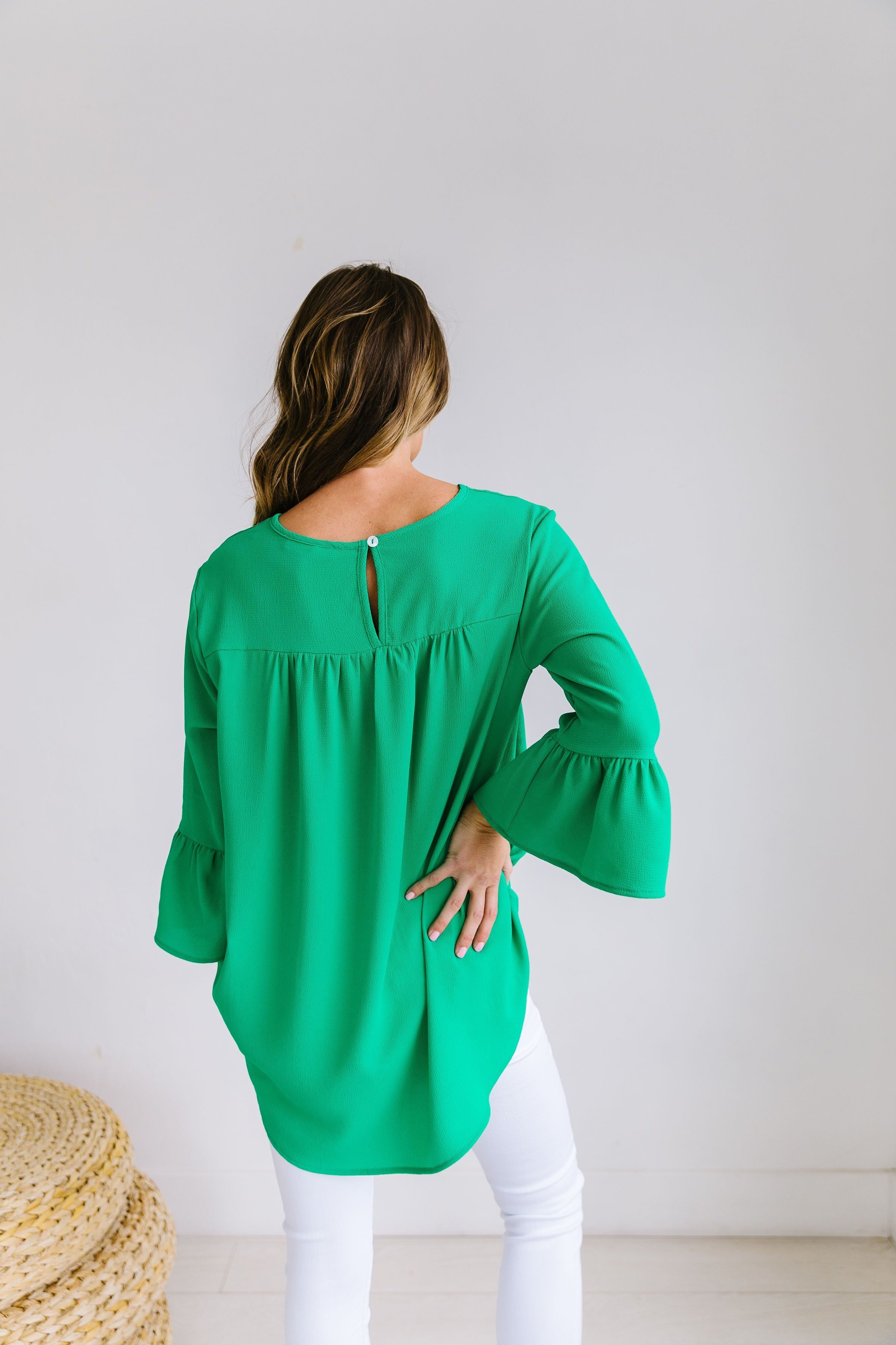 Trumpet Sleeve Blouse In Green - ALL SALES FINAL