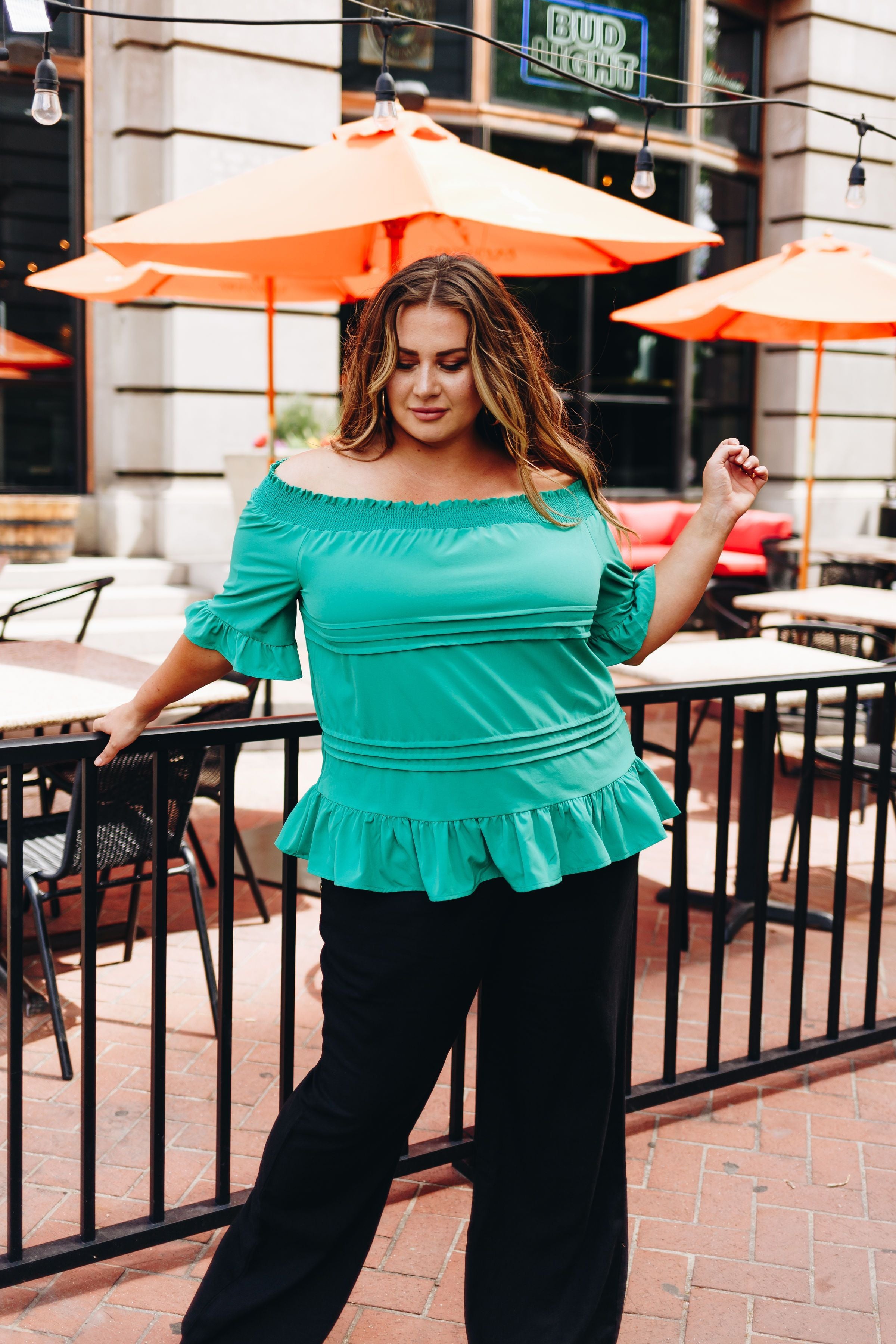 Tucks + Ruffles Off Shoulder Top In Spearmint