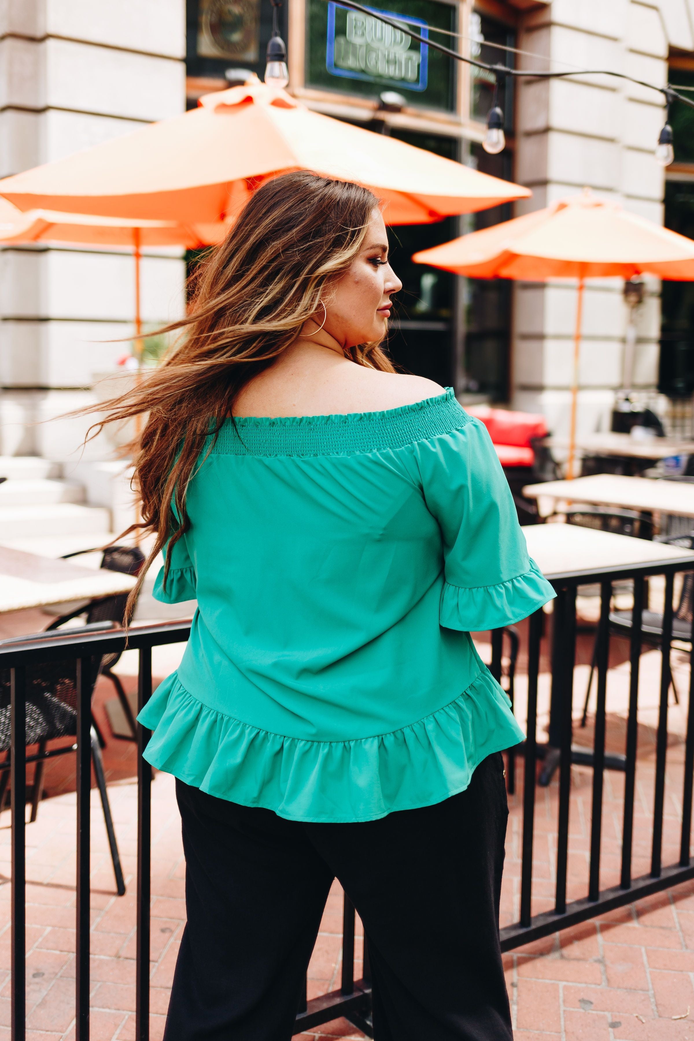 Tucks + Ruffles Off Shoulder Top In Spearmint