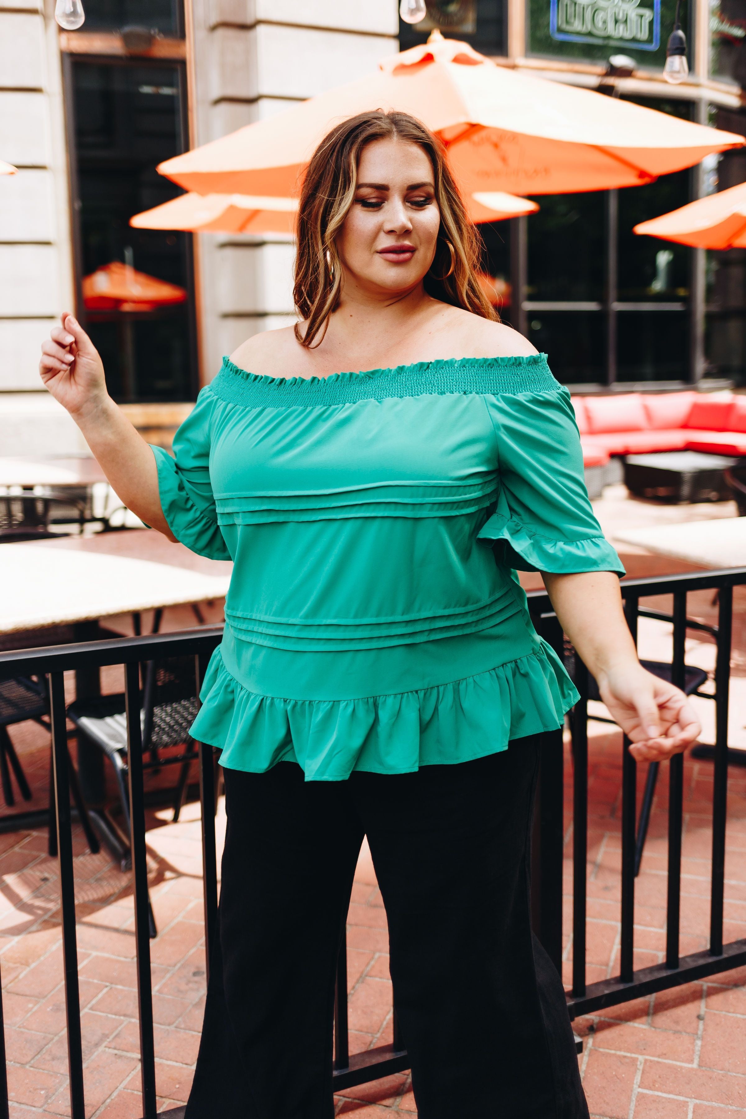 Tucks + Ruffles Off Shoulder Top In Spearmint