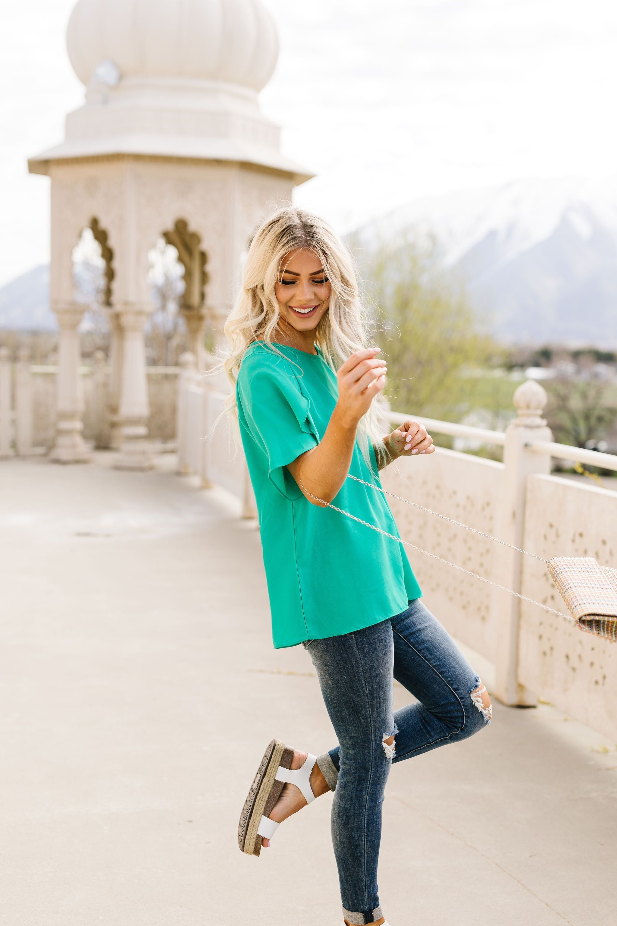 Tulip Sleeve Blouse In Kelly Green