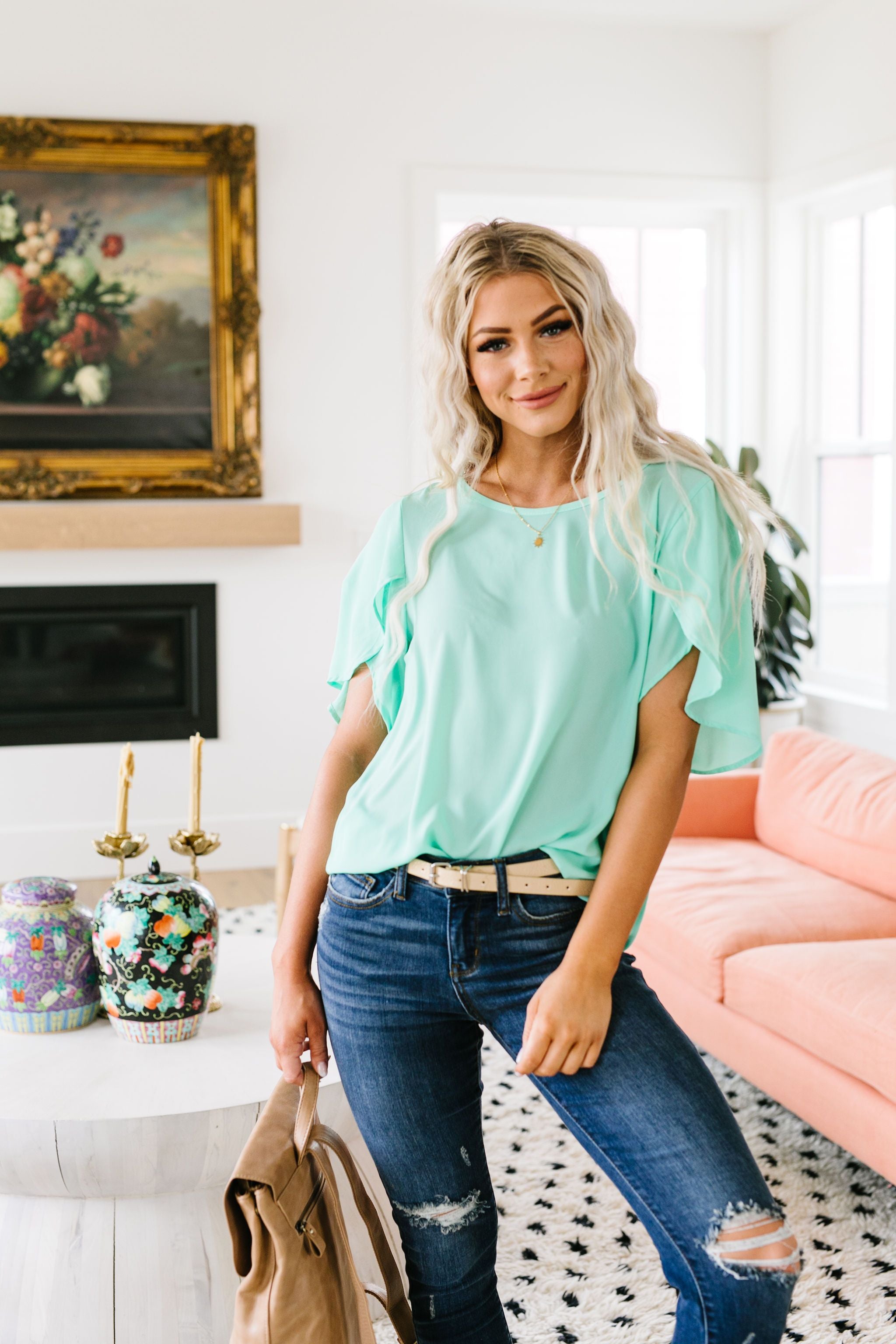 Tulip Sleeve Blouse In Mint