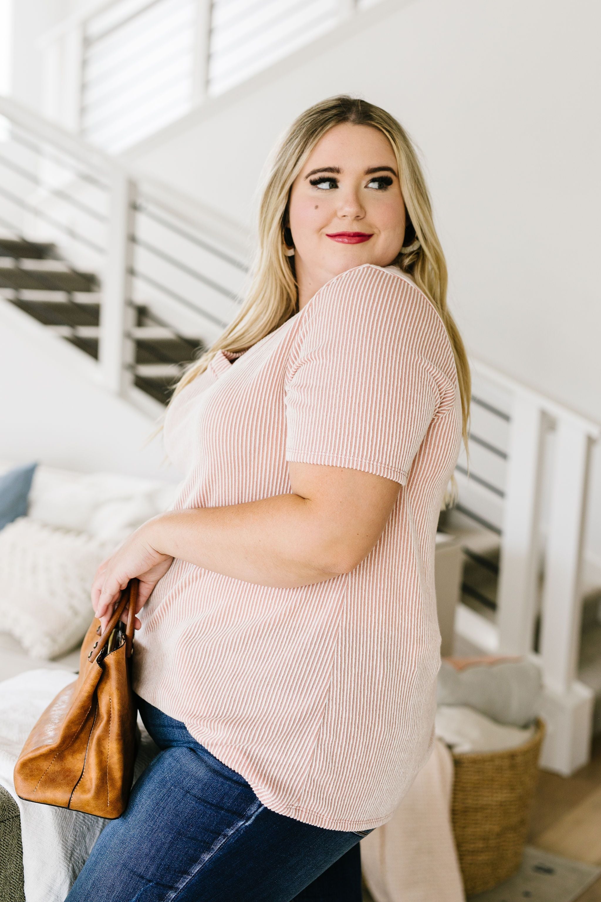 Two-Tone Ribbed V-Neck In Mauve