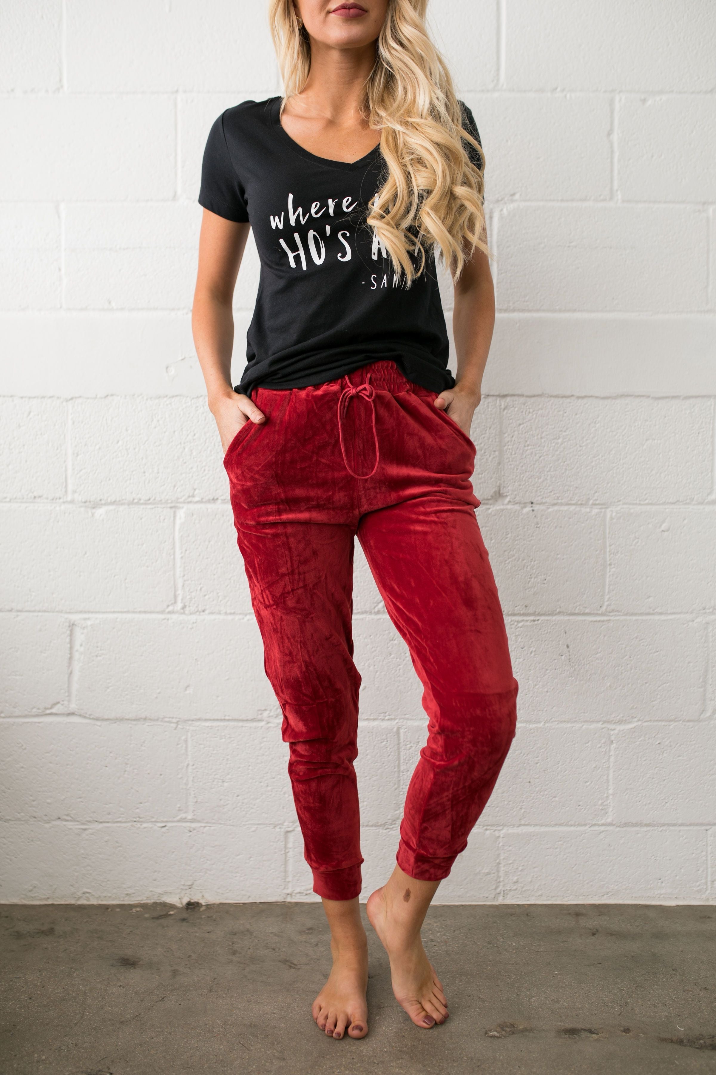 Very Velvety Velour Joggers In Red - ALL SALES FINAL