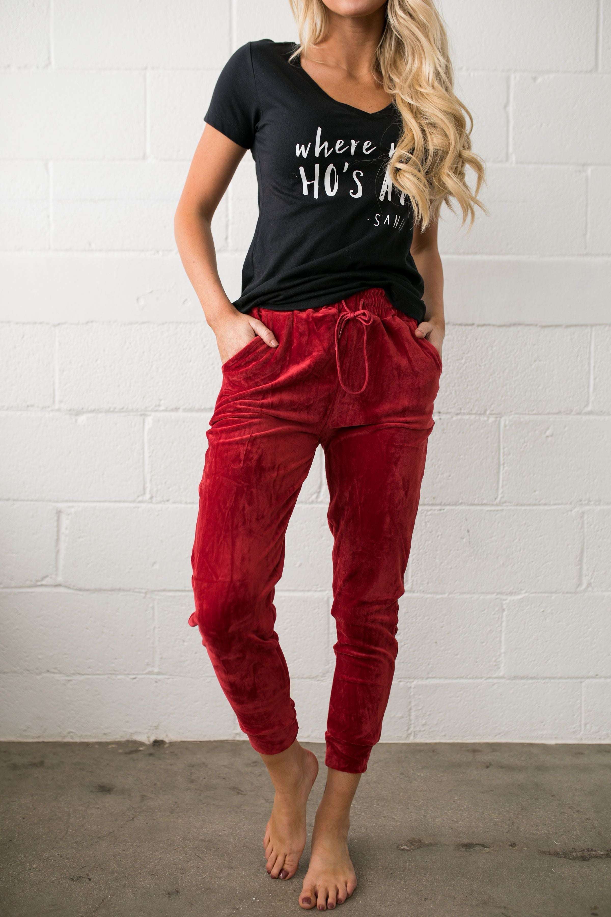 Very Velvety Velour Joggers In Red - ALL SALES FINAL