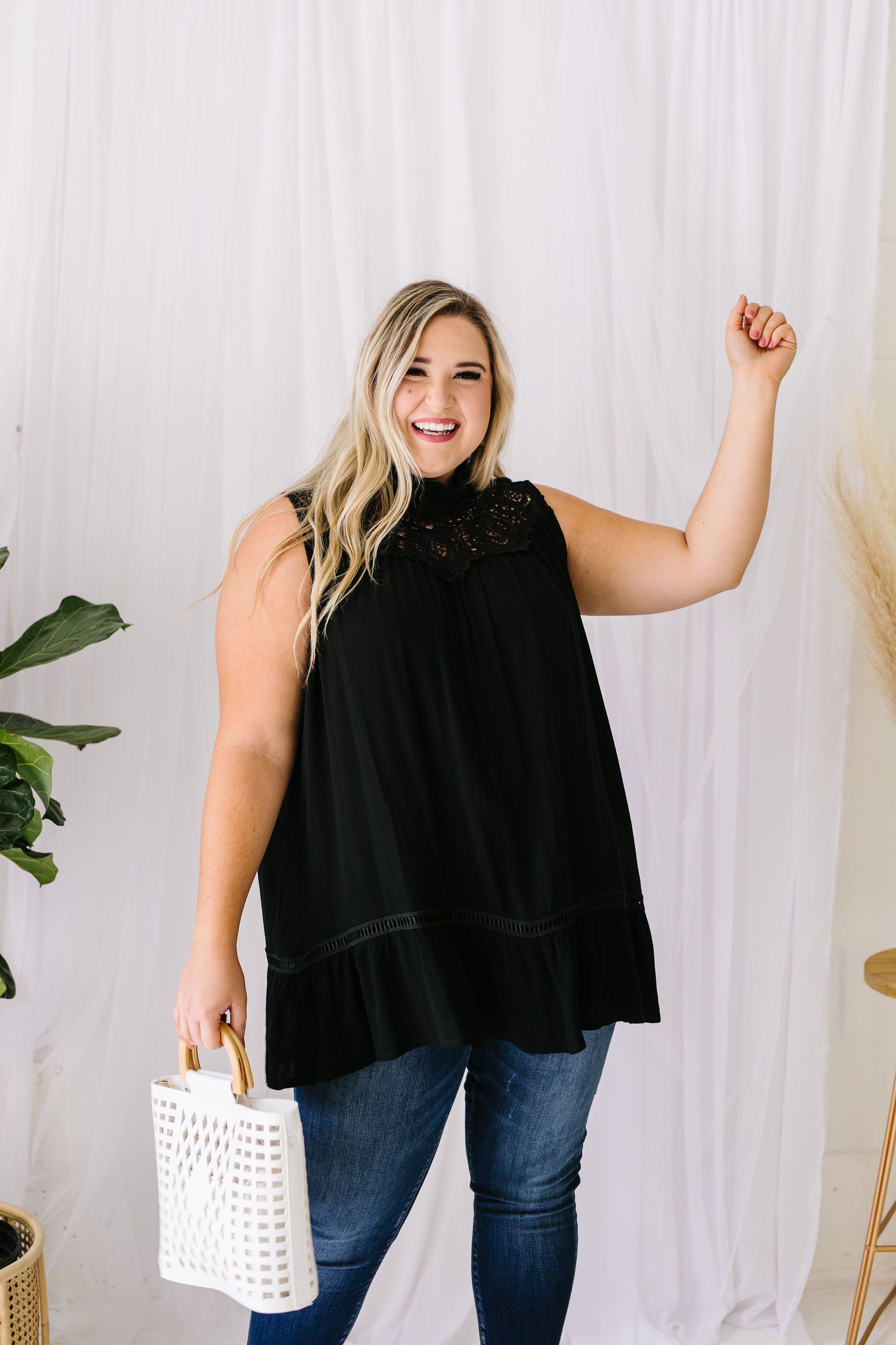 Victoria Lace Mock Neck Top In Black