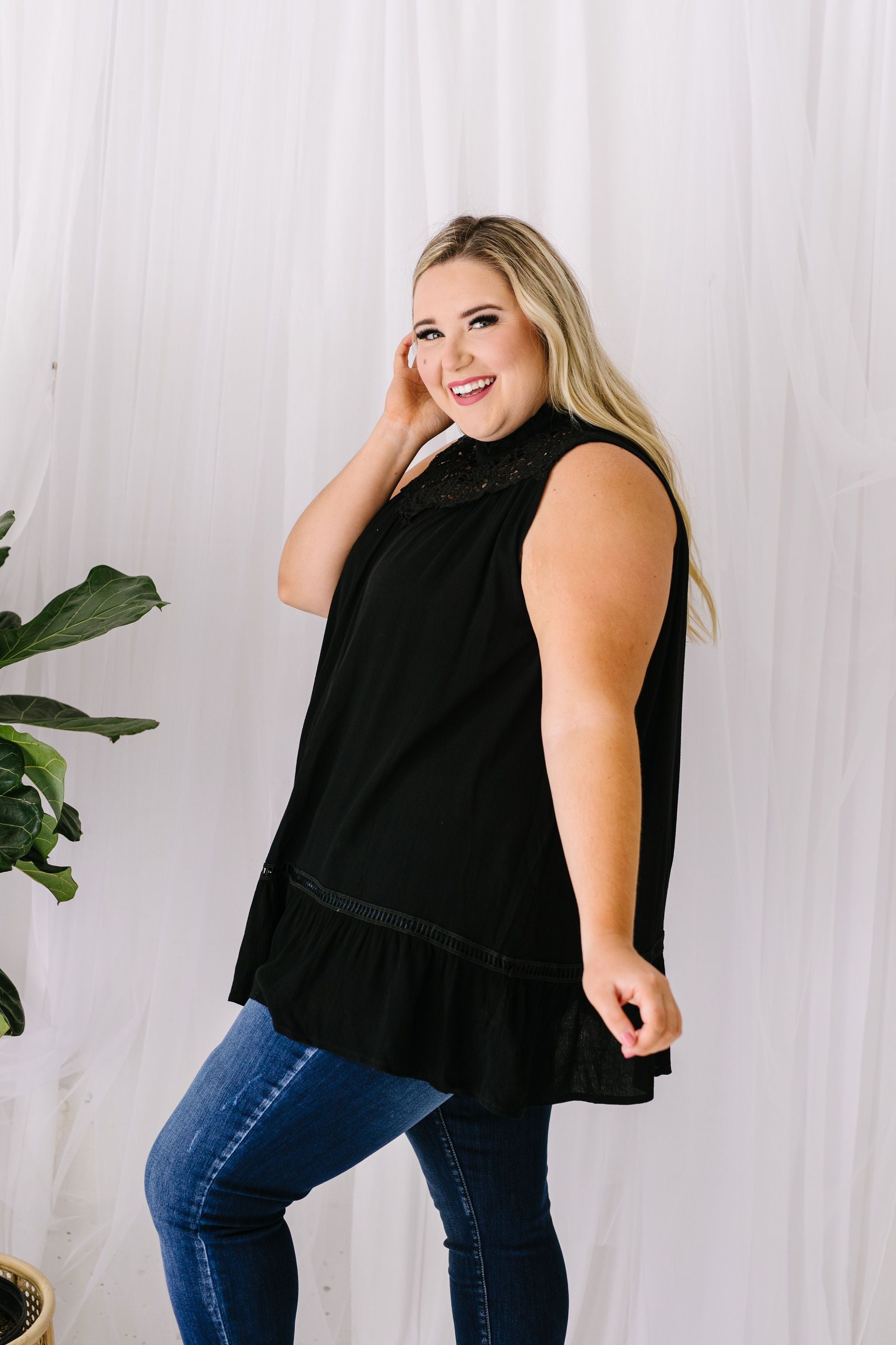 Victoria Lace Mock Neck Top In Black