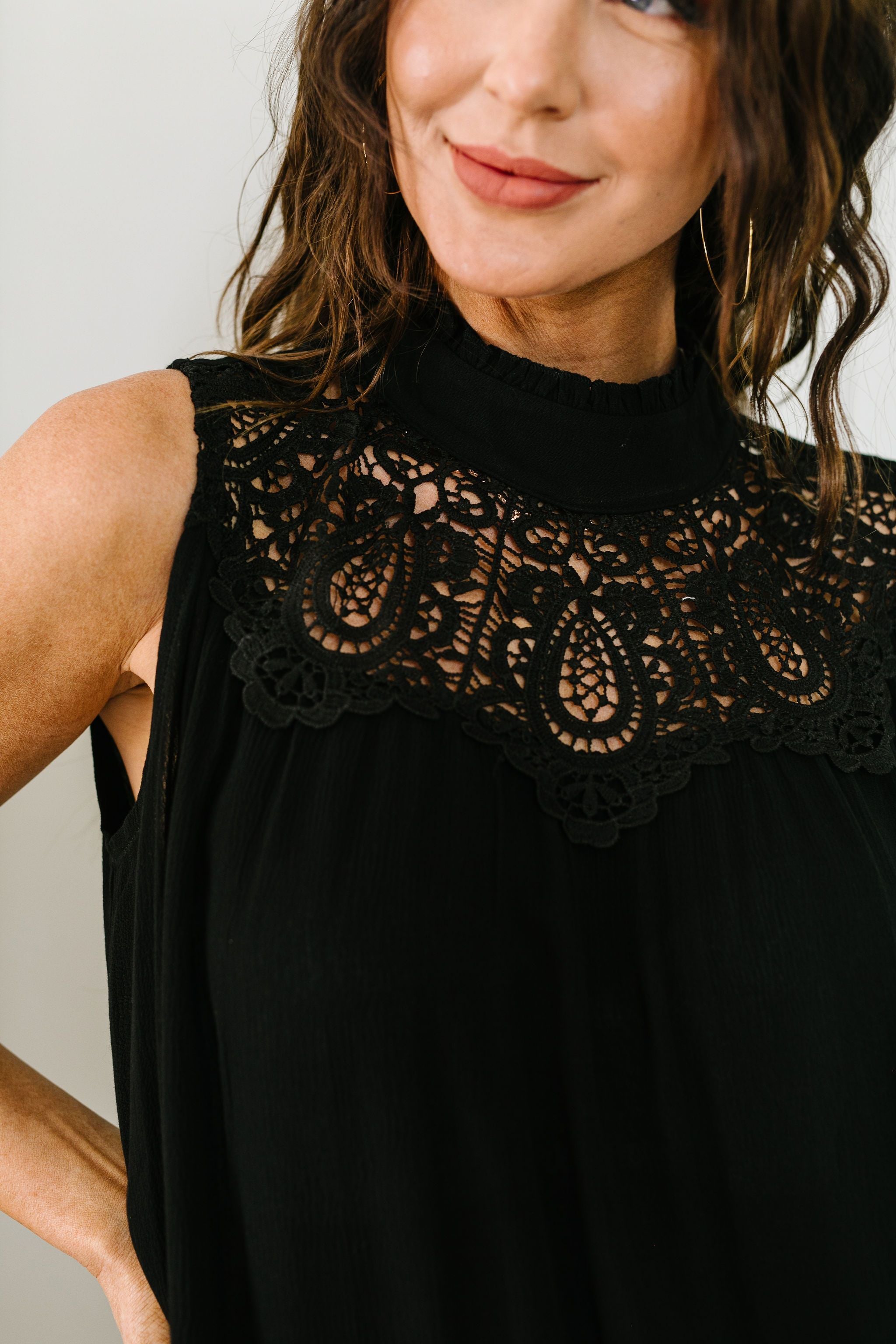 Victoria Lace Mock Neck Top In Black