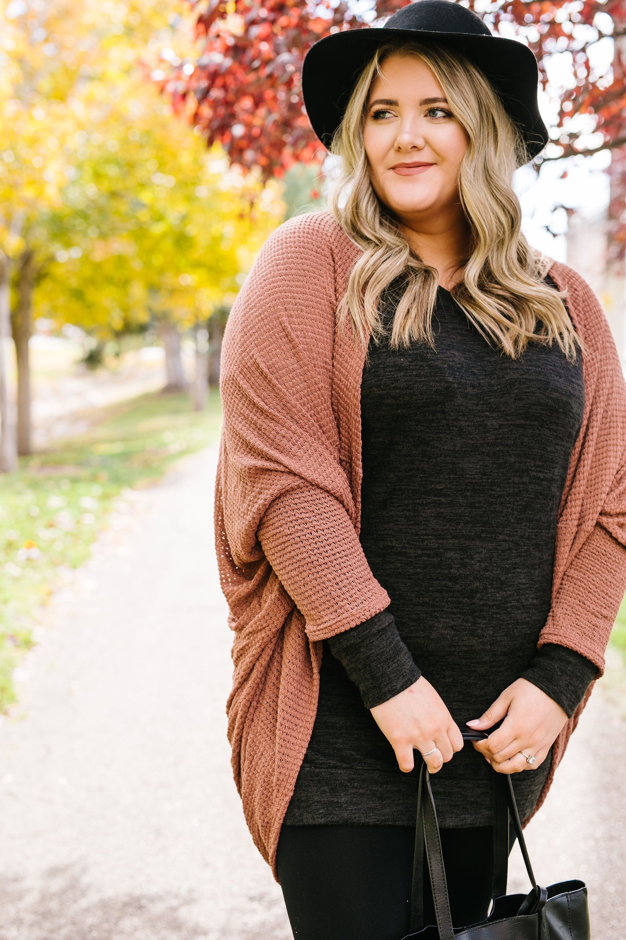 Waffle Knit Slouchy Cardi In Rust