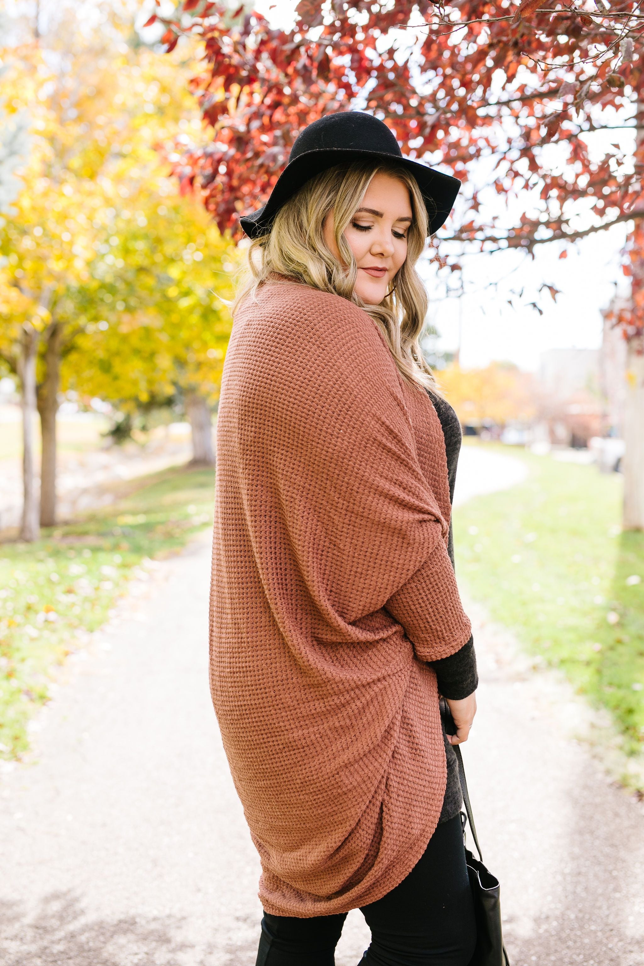 Waffle Knit Slouchy Cardi In Rust