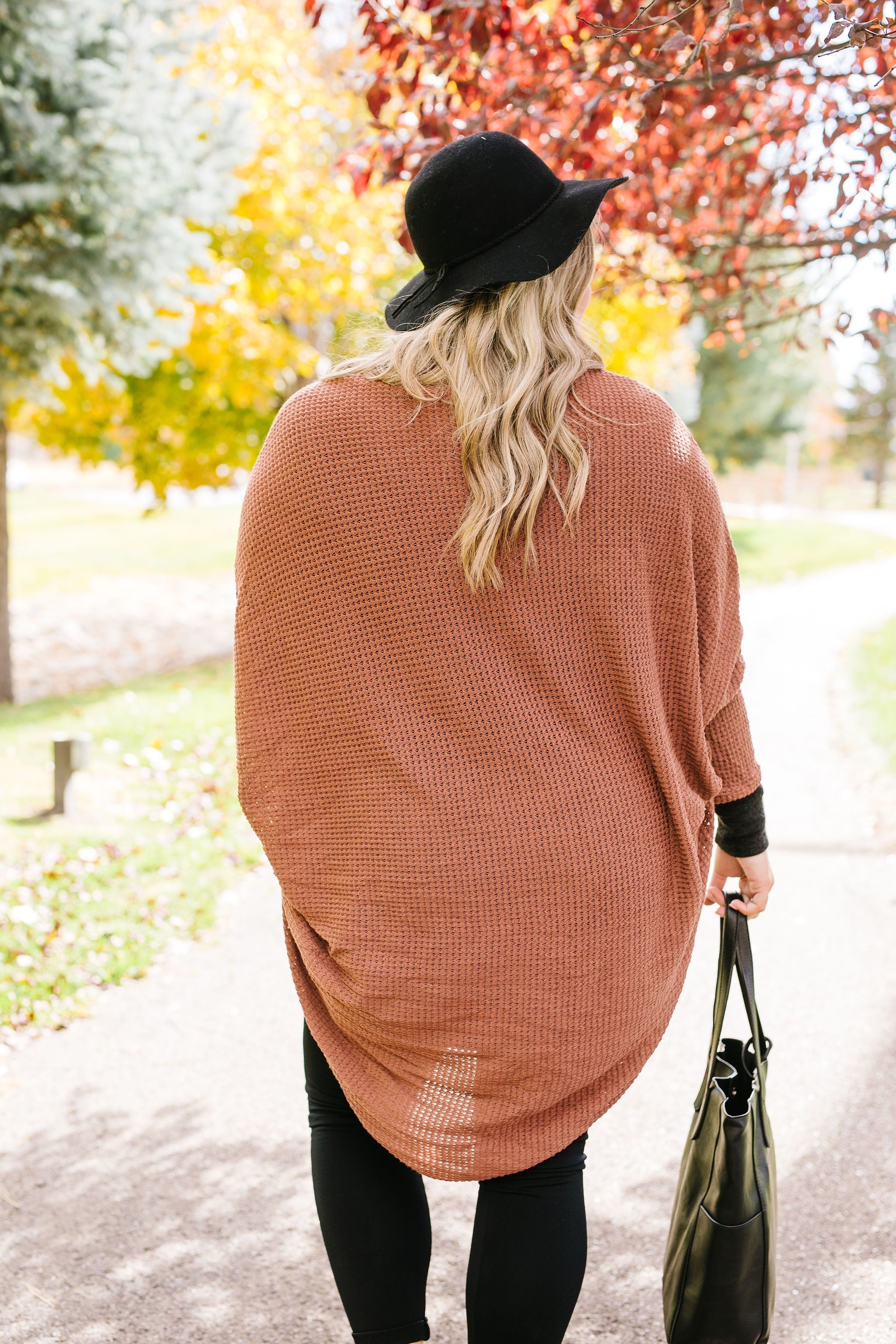 Waffle Knit Slouchy Cardi In Rust