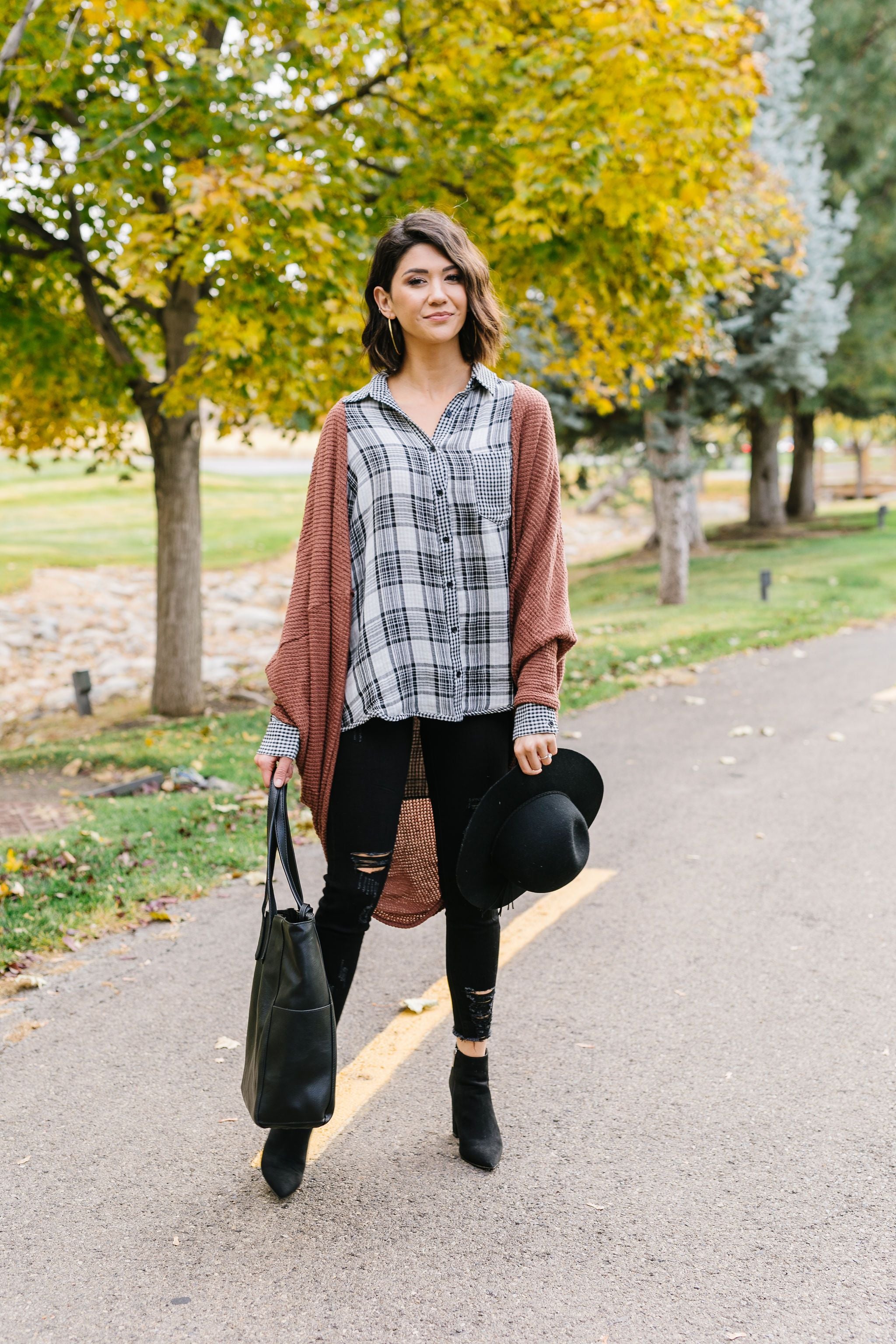 Waffle Knit Slouchy Cardi In Rust