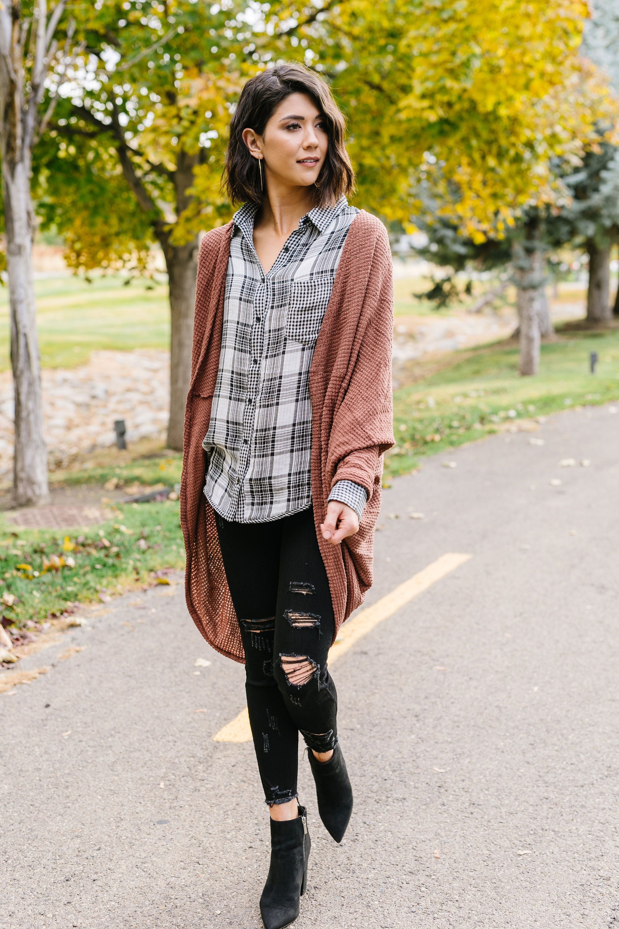 Waffle Knit Slouchy Cardi In Rust