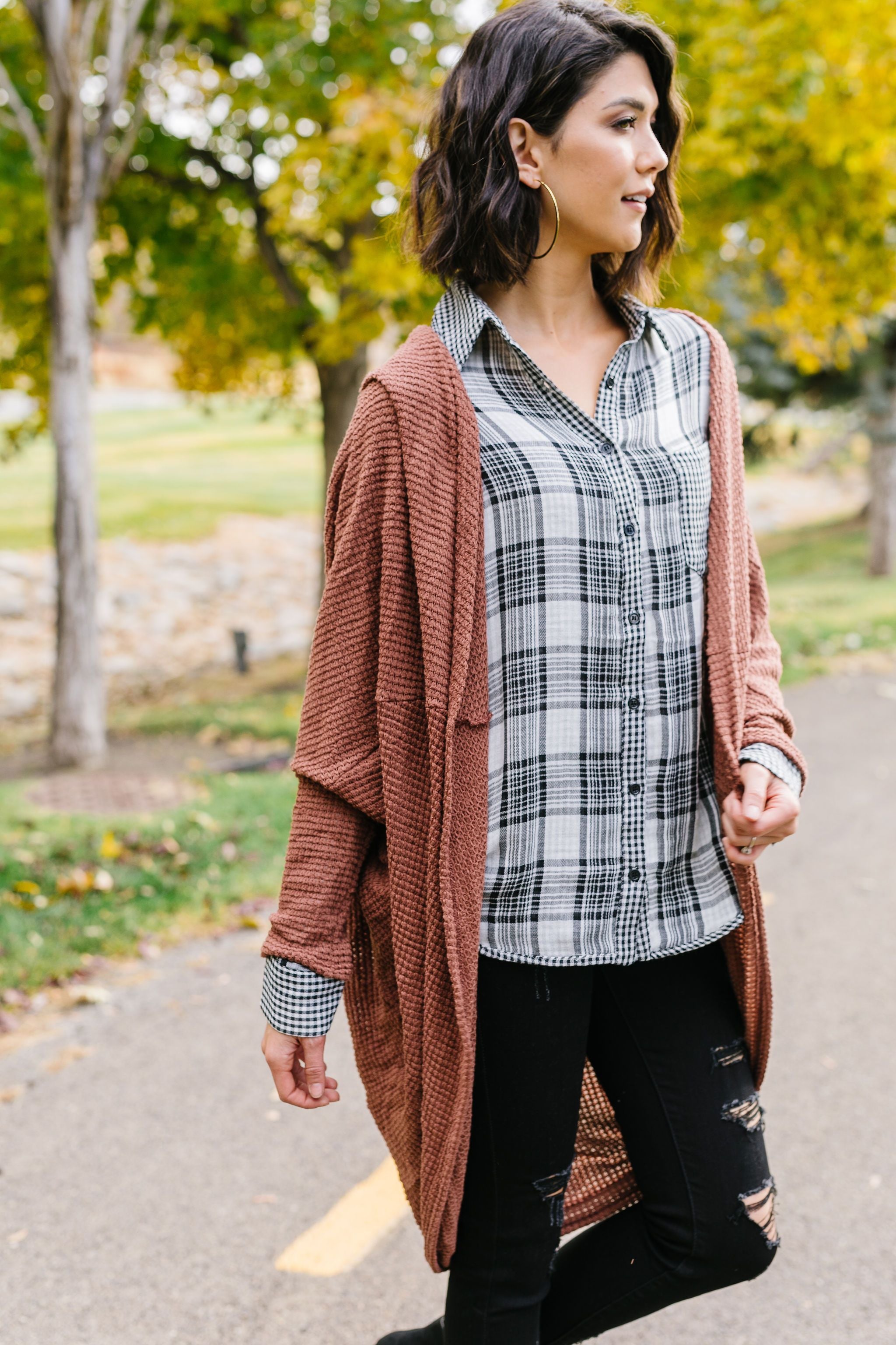 Waffle Knit Slouchy Cardi In Rust