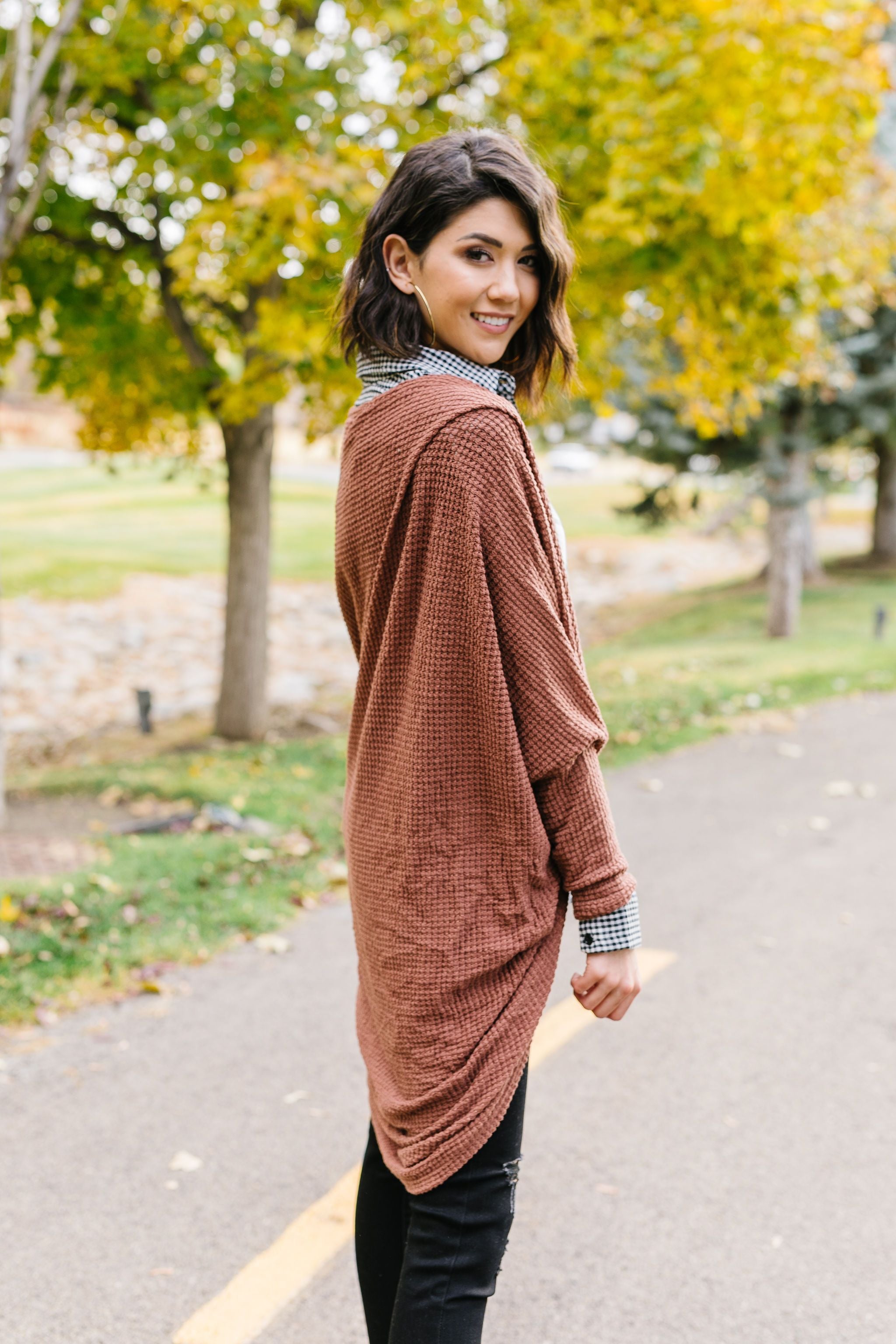 Waffle Knit Slouchy Cardi In Rust