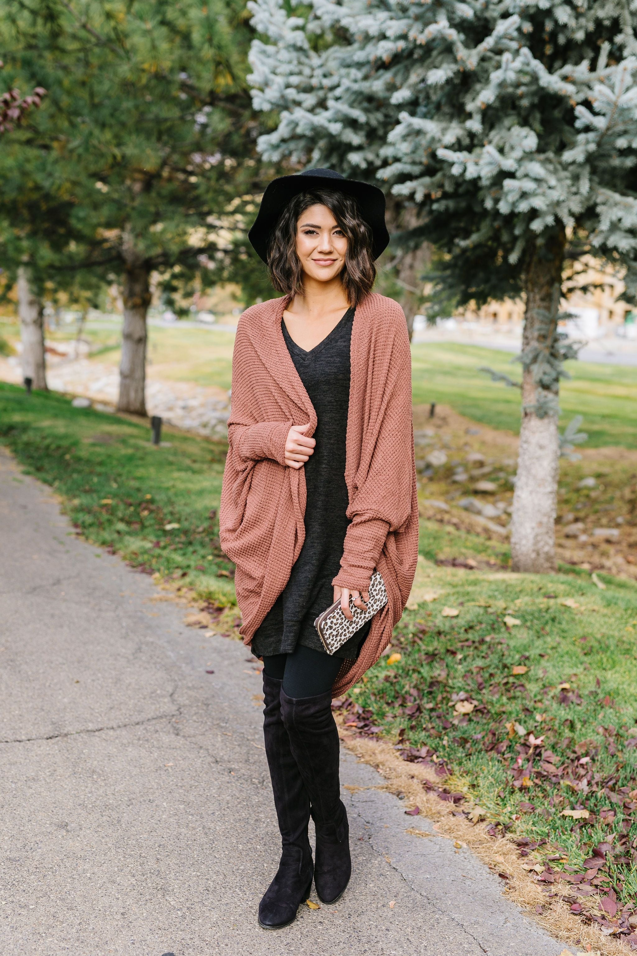 Waffle Knit Slouchy Cardi In Rust