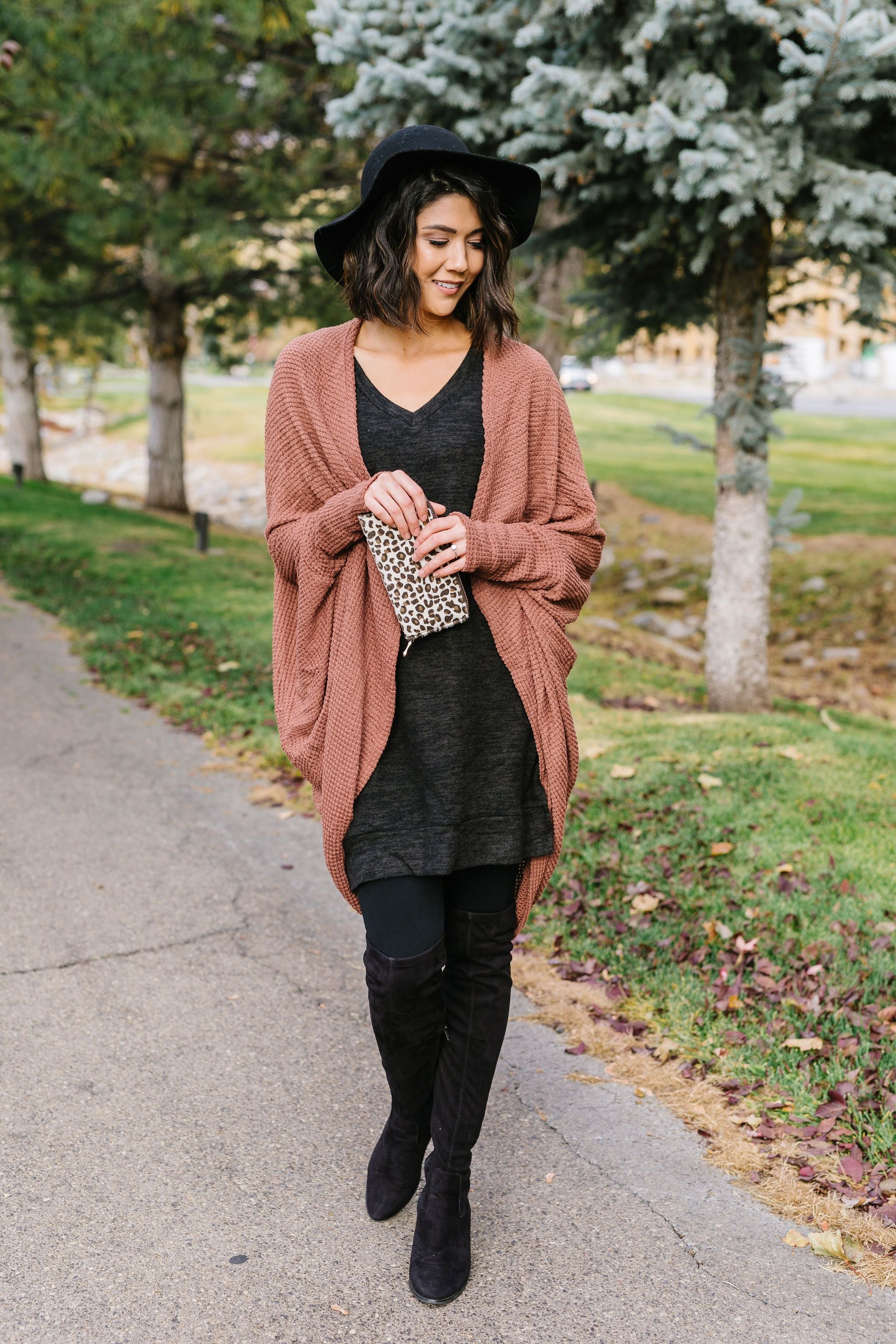 Waffle Knit Slouchy Cardi In Rust