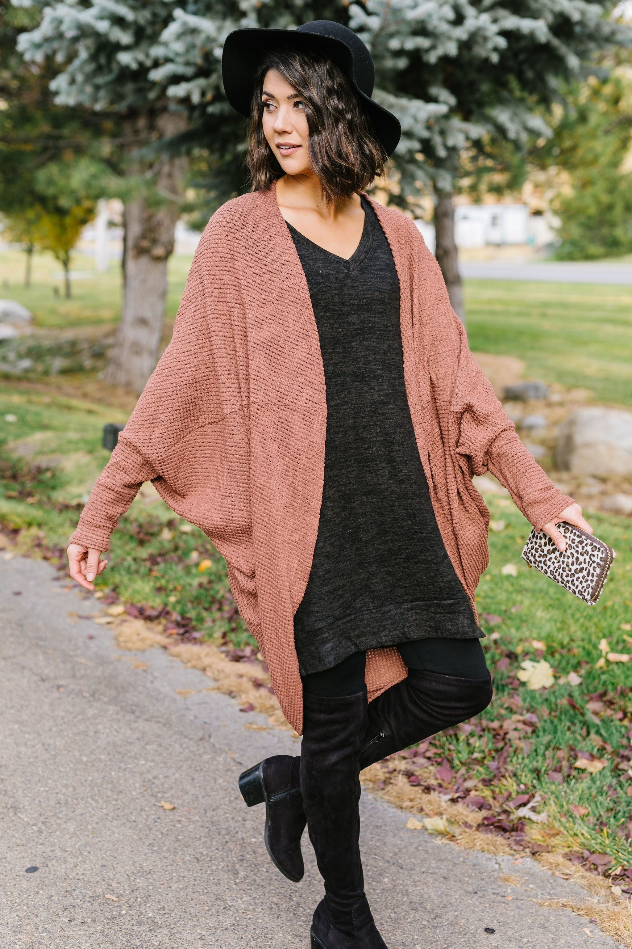 Waffle Knit Slouchy Cardi In Rust