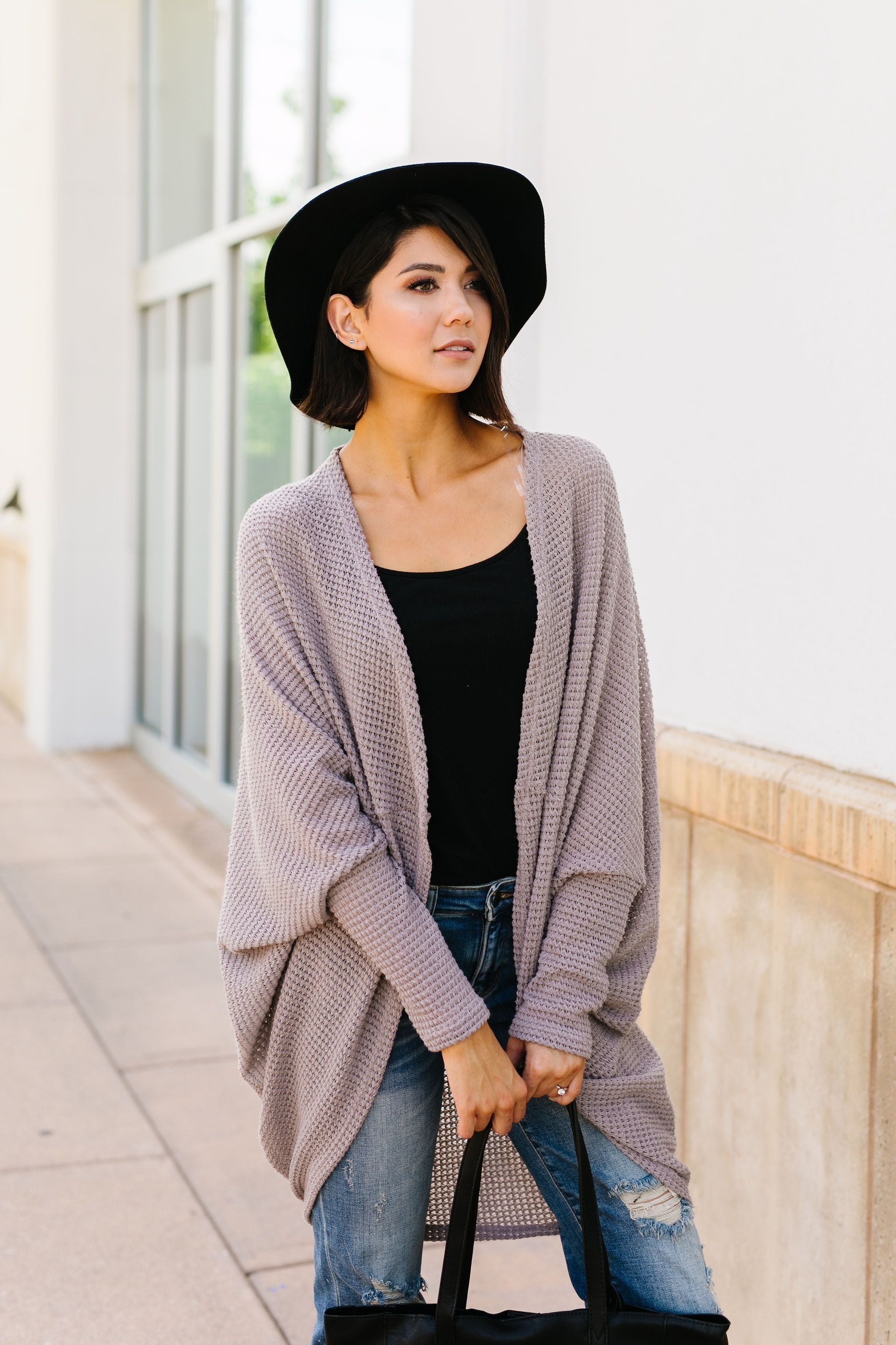 Waffle Knit Slouchy Cardi In Taupe