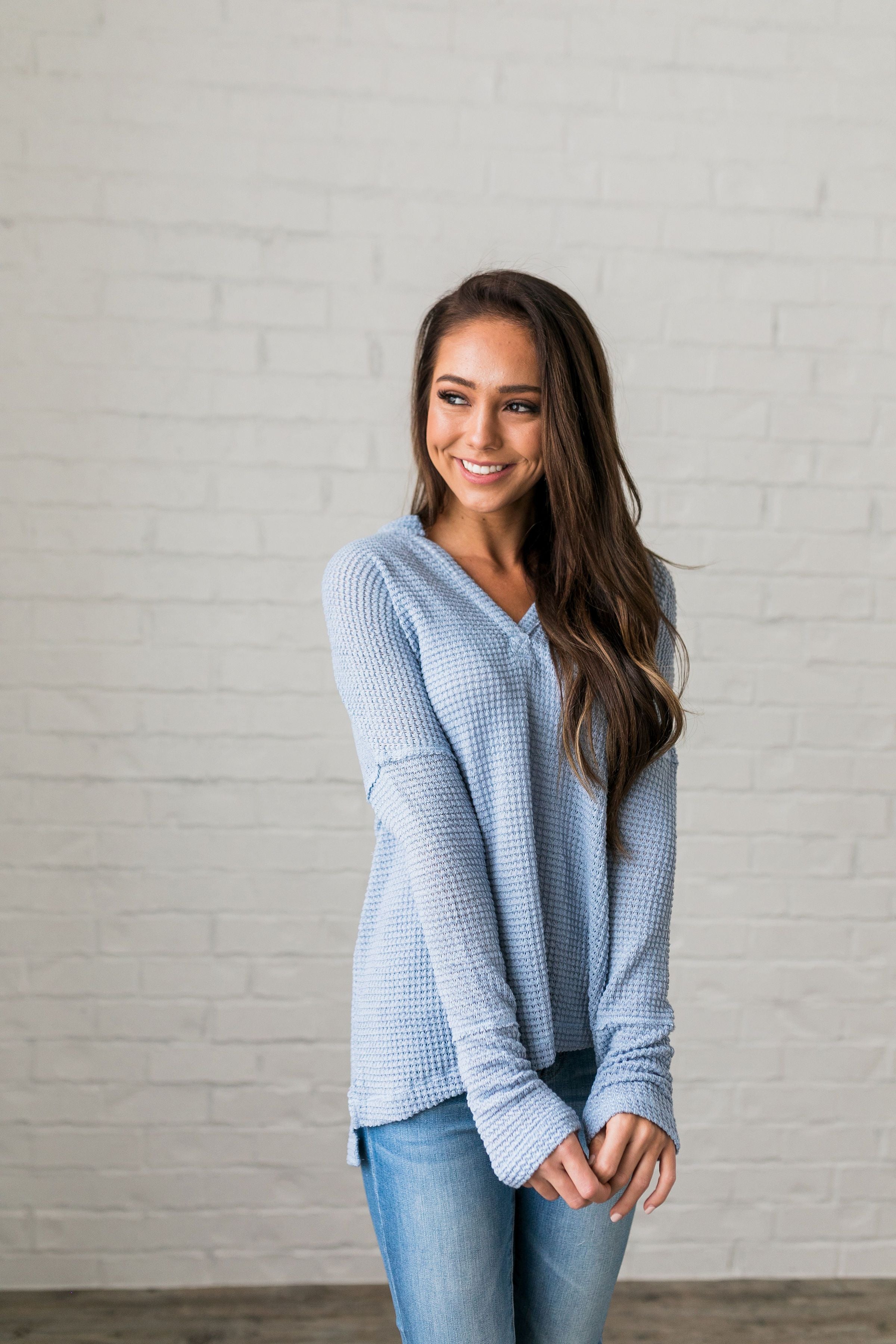 Waffle Knit V-Neck Tee In Sky Blue - ALL SALES FINAL