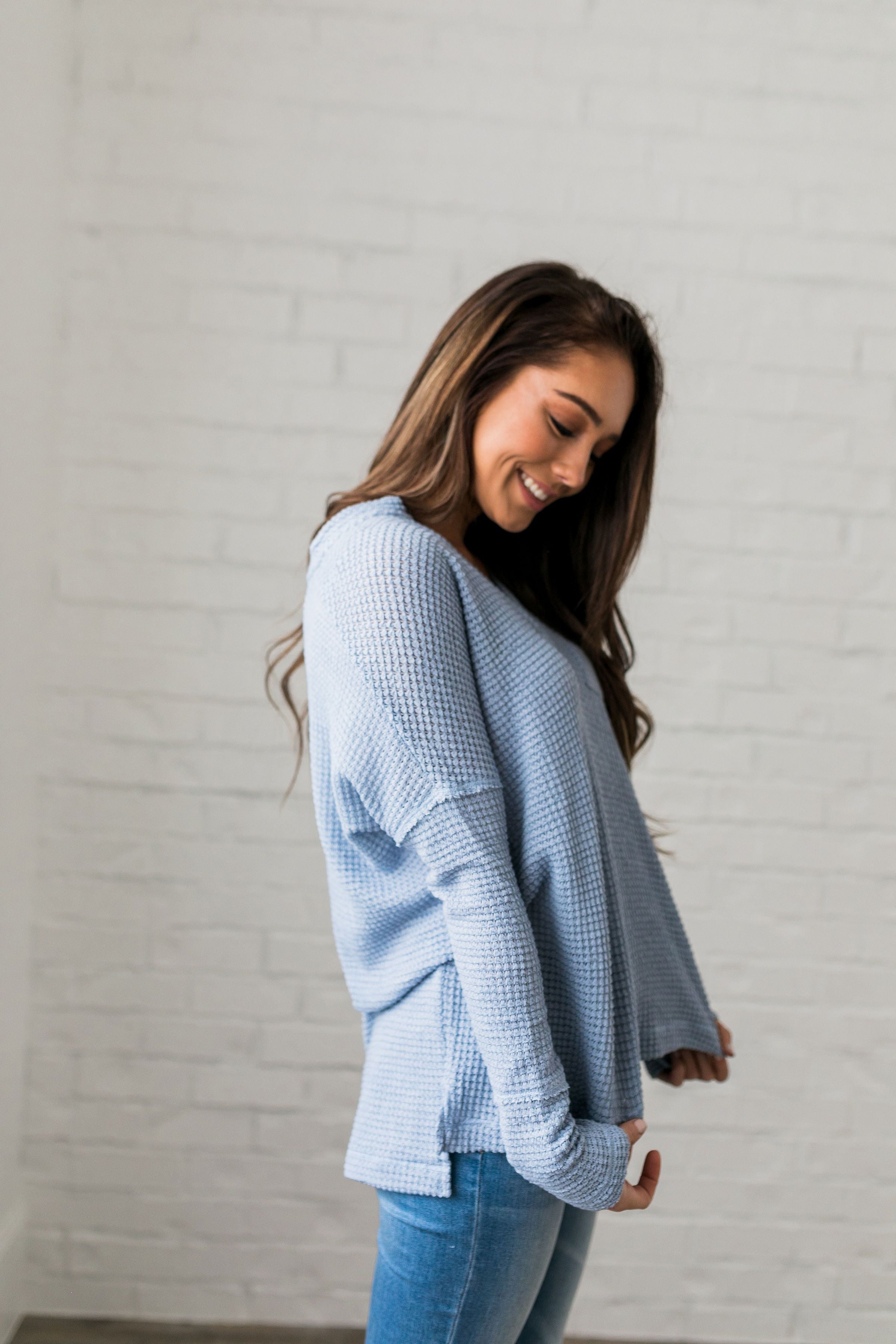 Waffle Knit V-Neck Tee In Sky Blue - ALL SALES FINAL