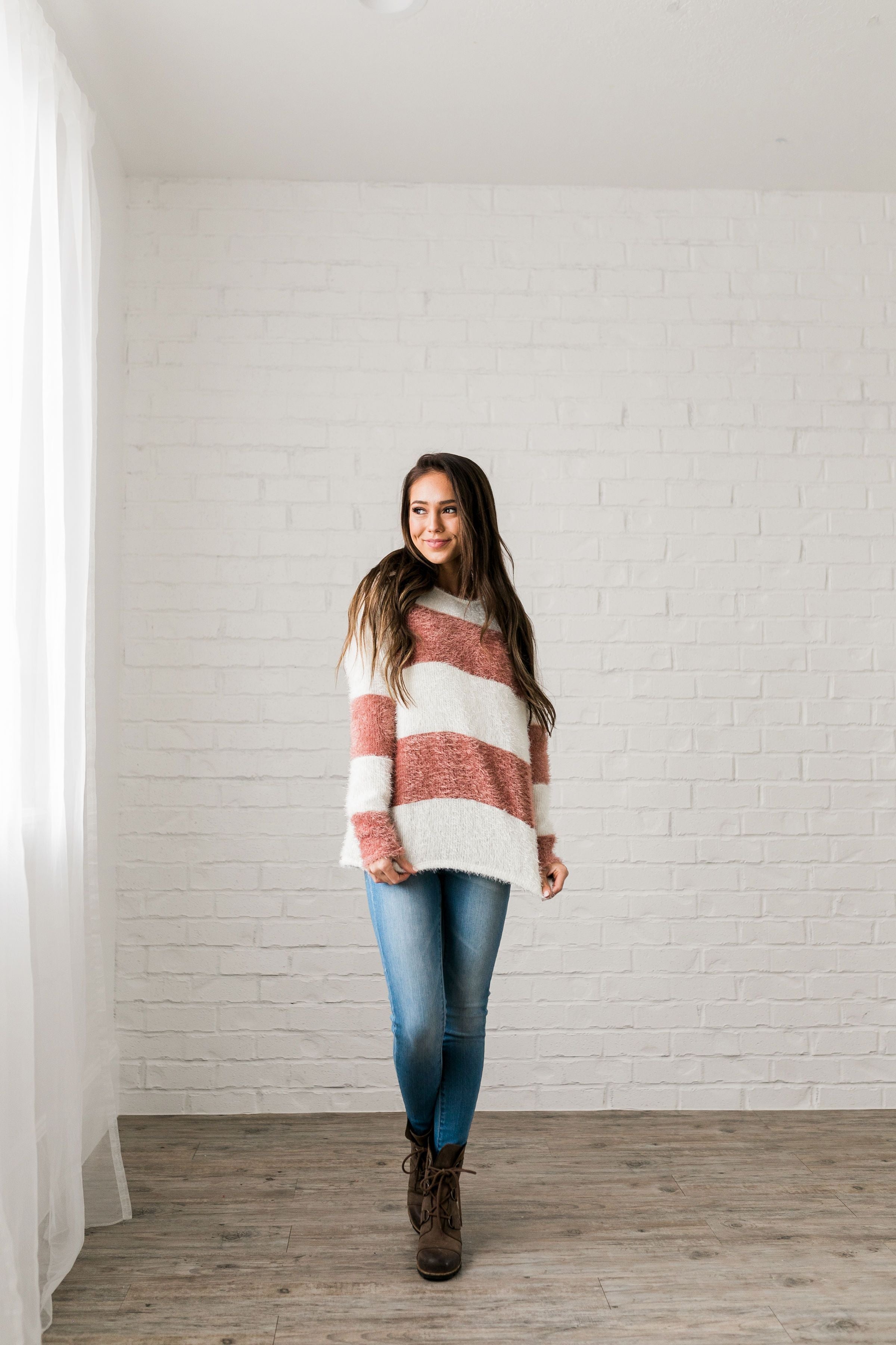 Wide Stripe Eyelash Sweater In Mauve + Ivory - ALL SALES FINAL