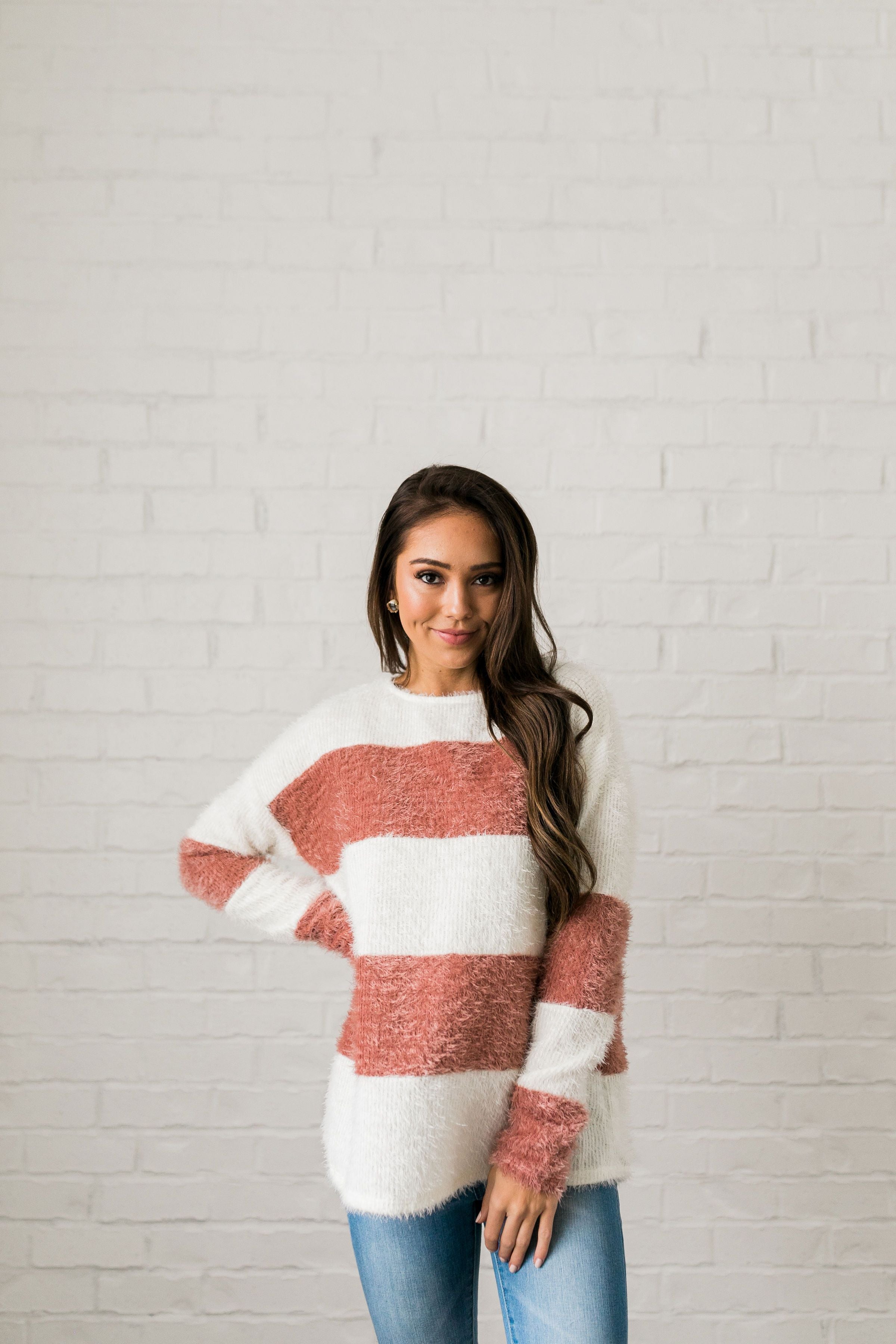 Wide Stripe Eyelash Sweater In Mauve + Ivory - ALL SALES FINAL