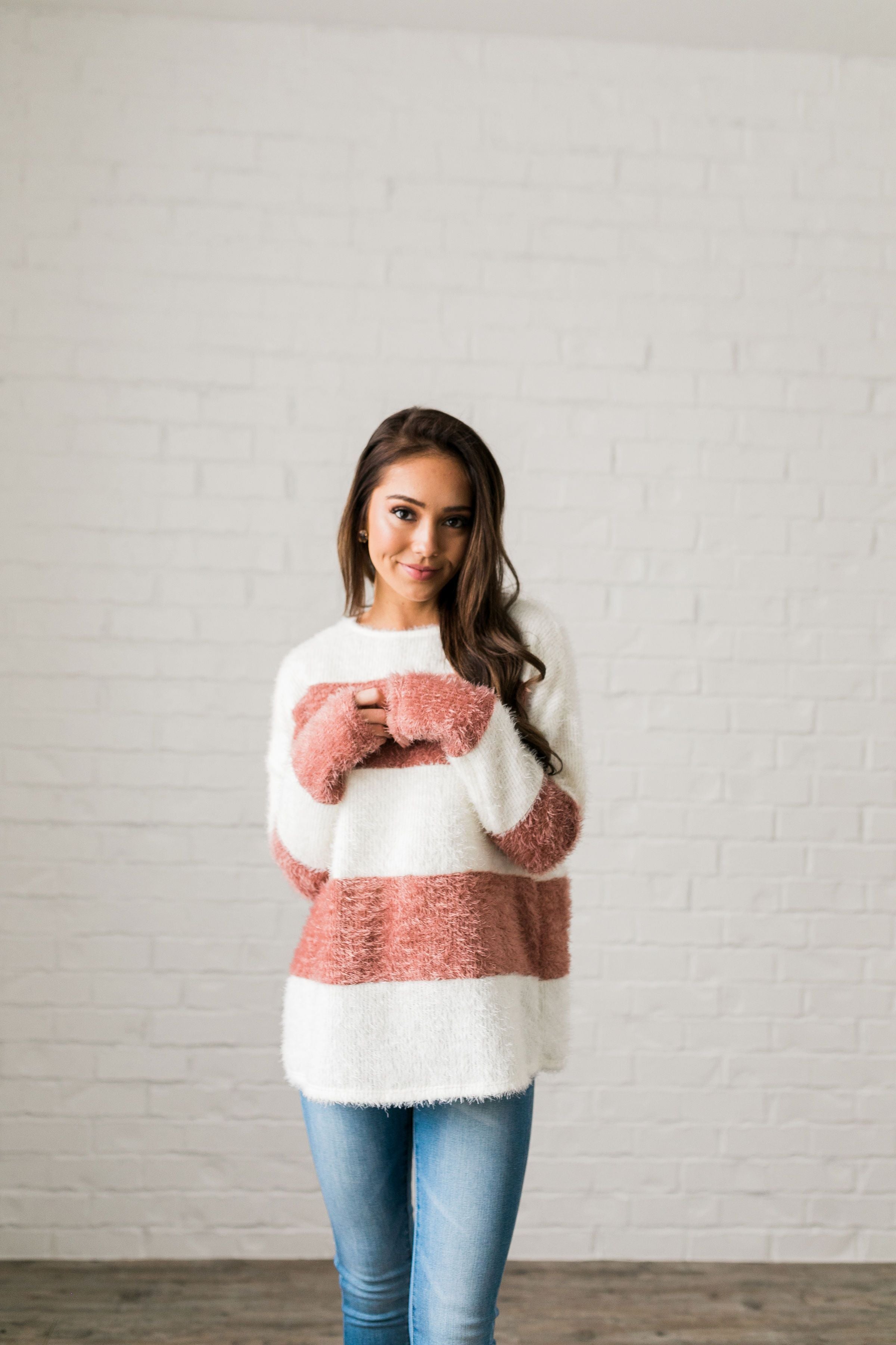 Wide Stripe Eyelash Sweater In Mauve + Ivory - ALL SALES FINAL