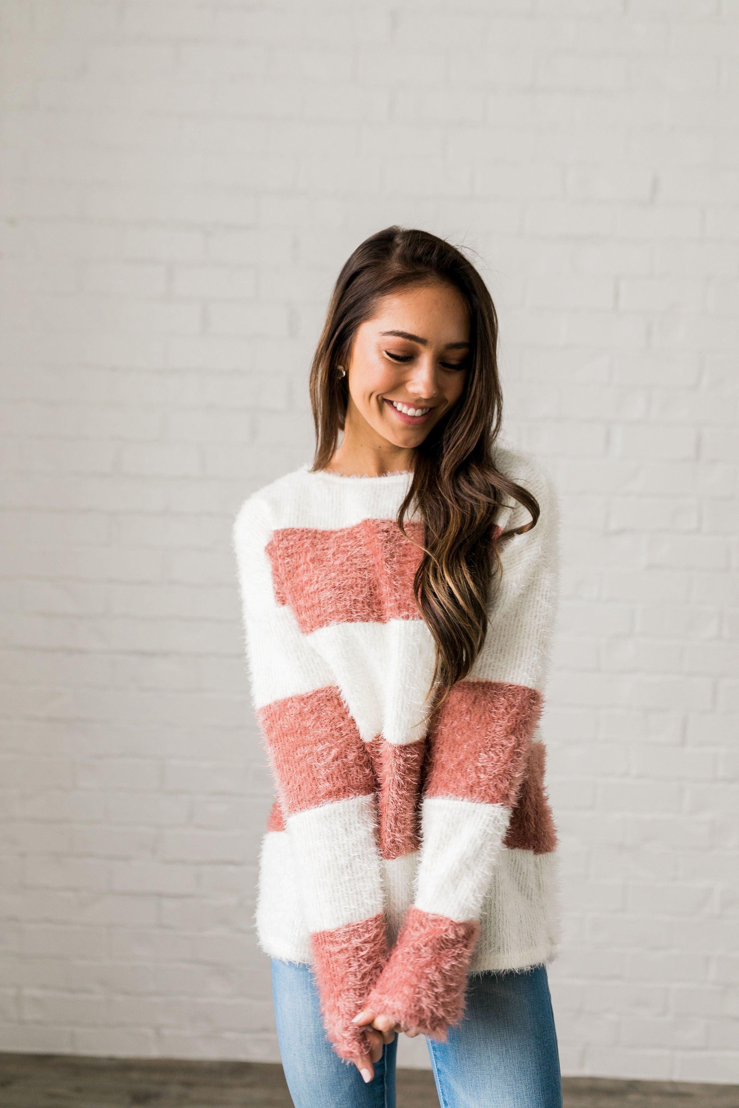 Wide Stripe Eyelash Sweater In Mauve + Ivory - ALL SALES FINAL