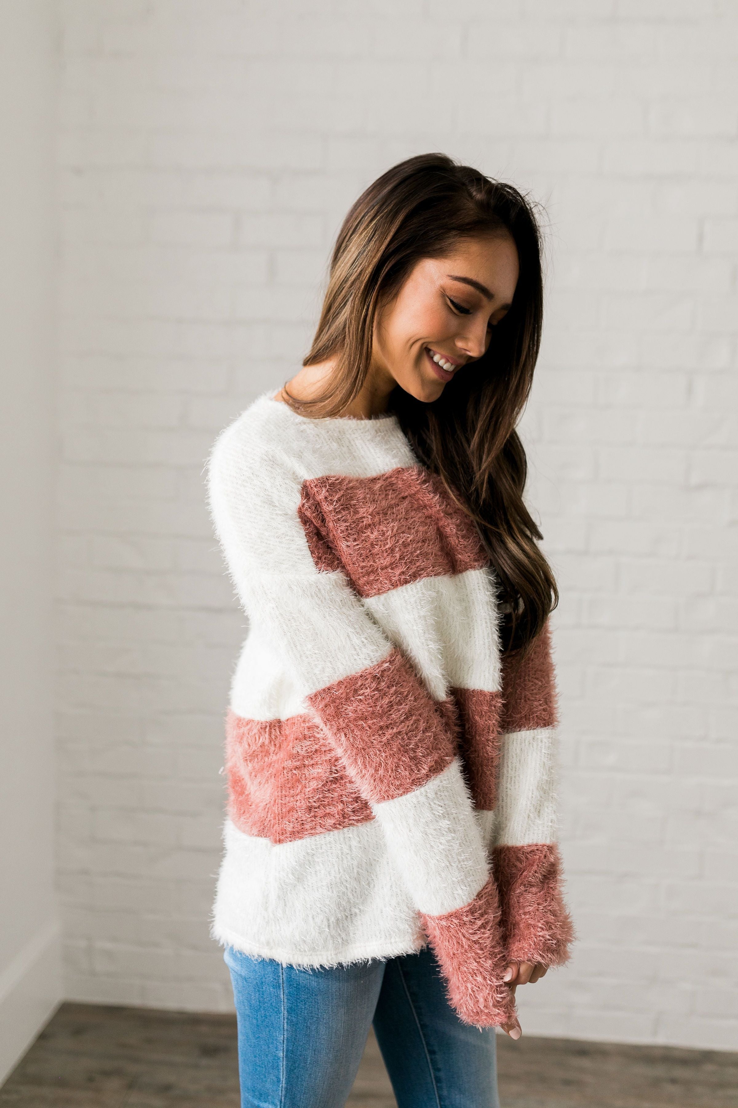 Wide Stripe Eyelash Sweater In Mauve + Ivory - ALL SALES FINAL