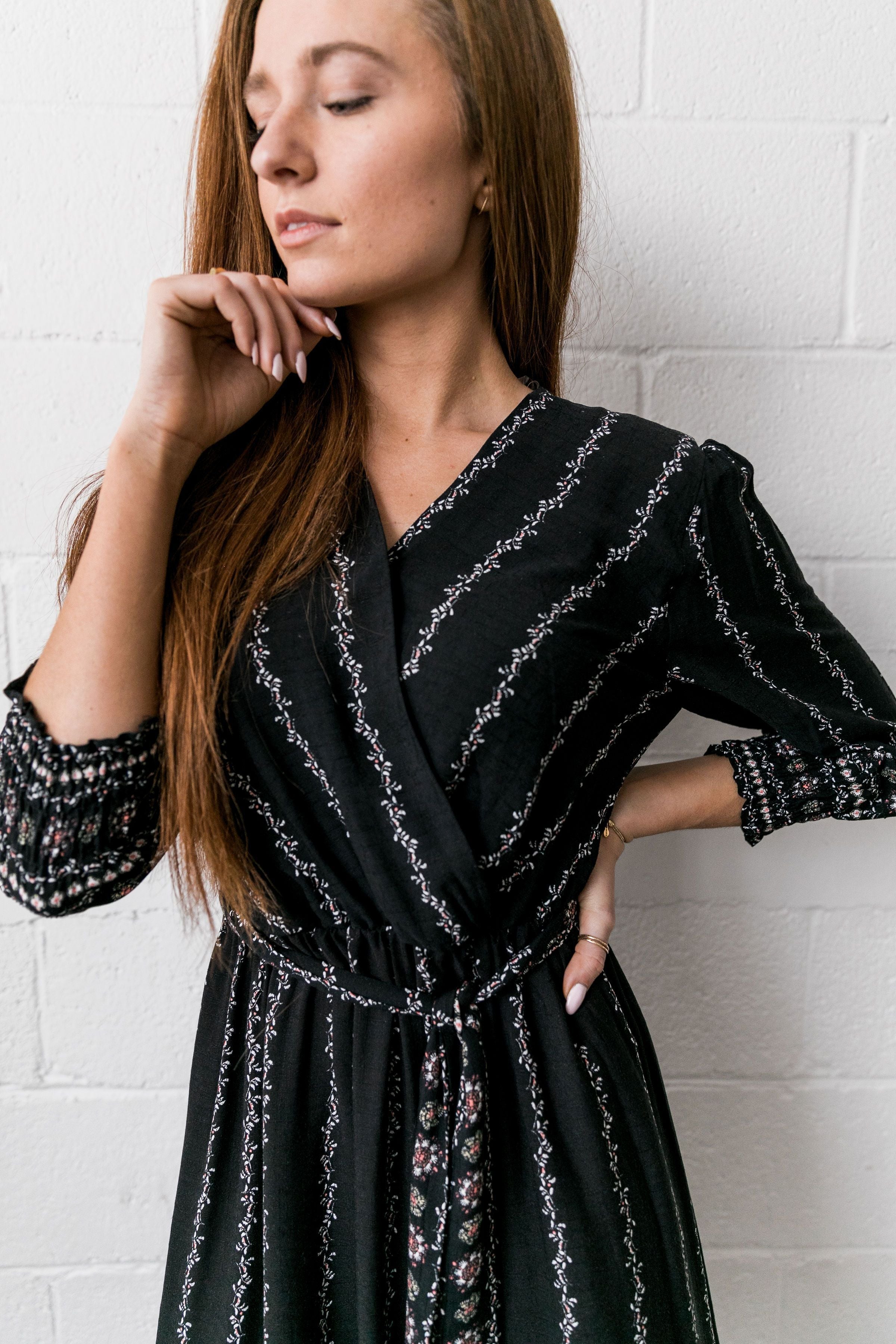 Winding Vines Wrap Dress In Black