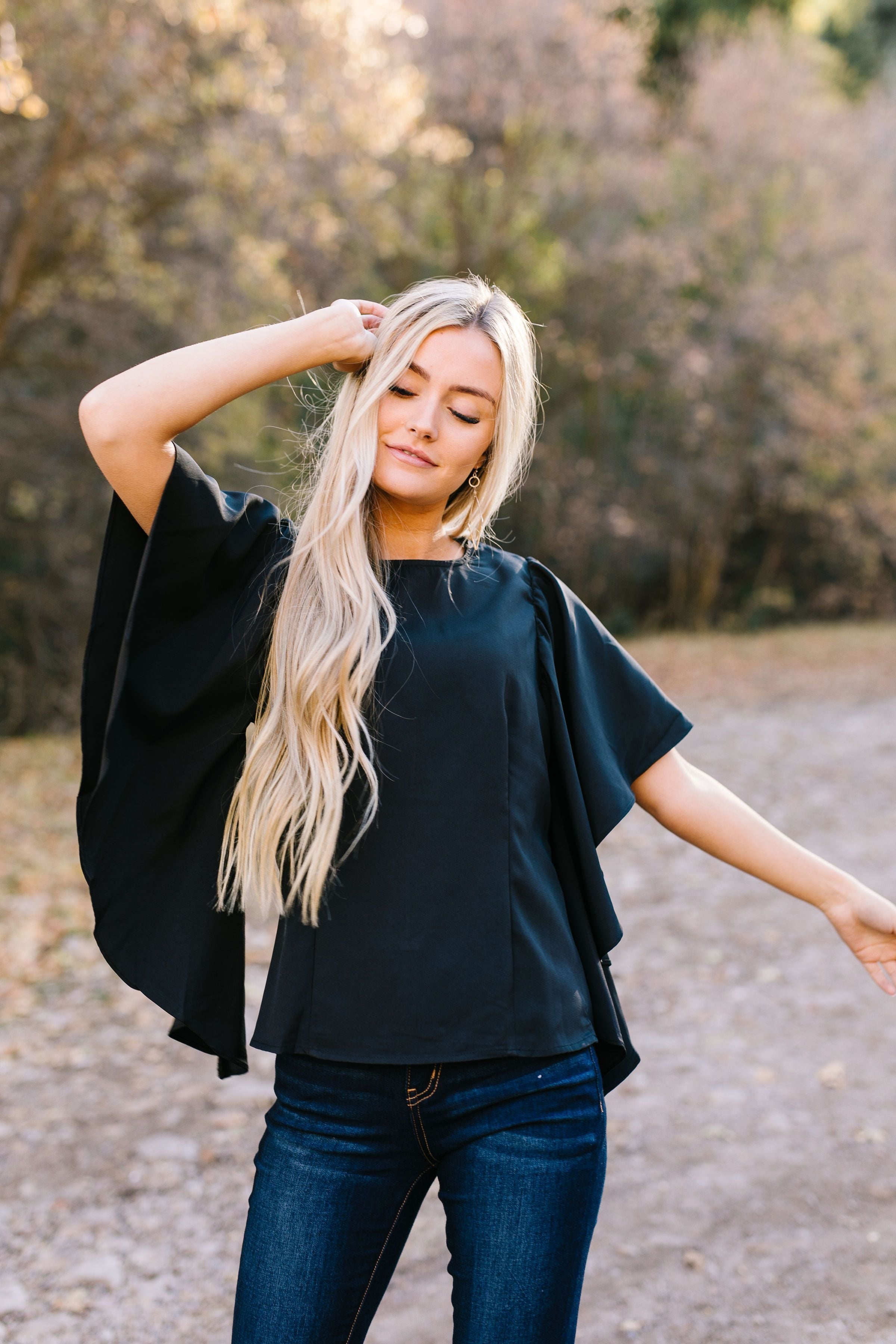 Wing And A Prayer Ruffle Sleeve Blouse in Black