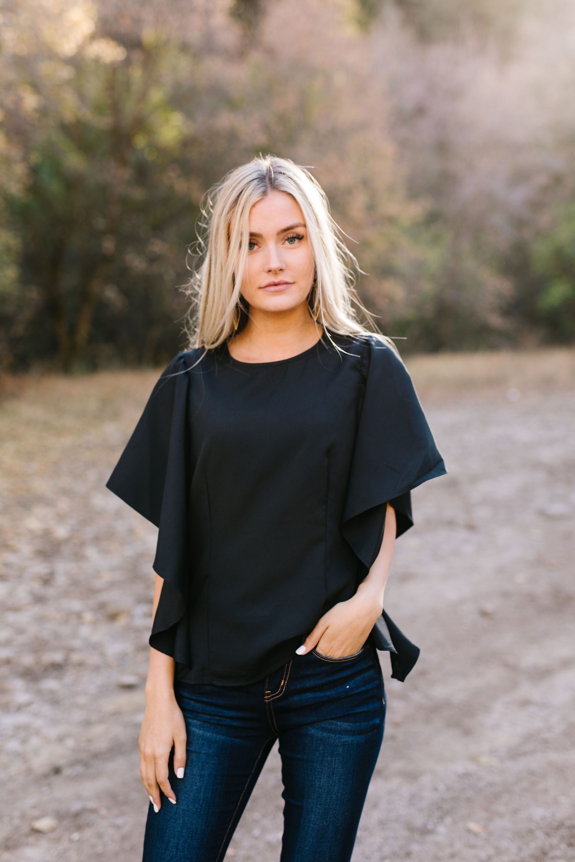 Wing And A Prayer Ruffle Sleeve Blouse in Black