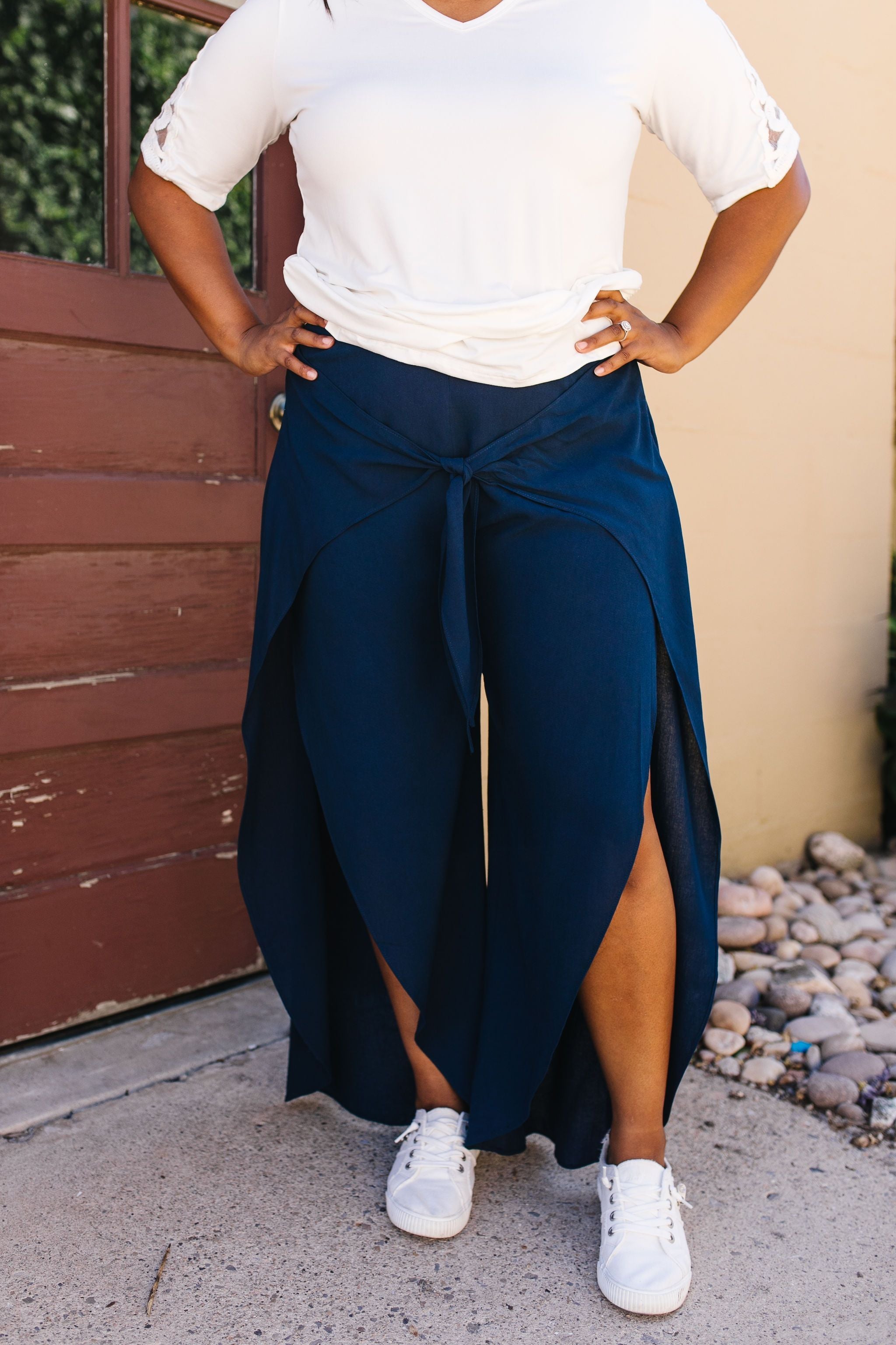 Wrap Fall Up Tie Front Pants In Navy